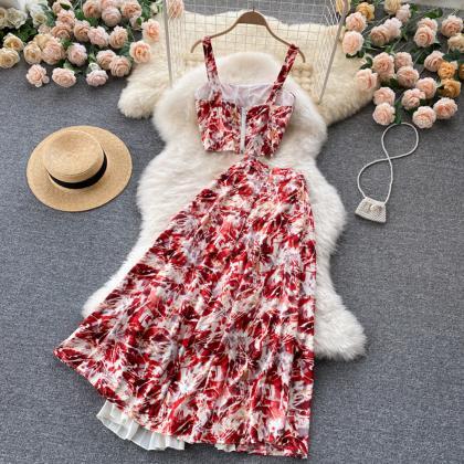 Women Dress Set Fashion Floral Print Pleated Long..