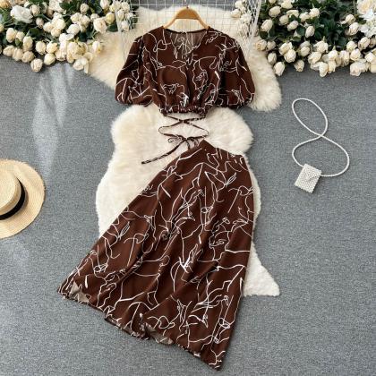 Women Dress Set Floral Print Bandage Crop Tops +..