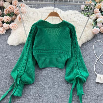 Women Fashion Lantern Sleeve Lace-up Knit Sweater..