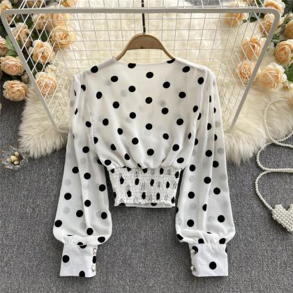 Women Polka Dot Shirts Vintage Double Breasted..