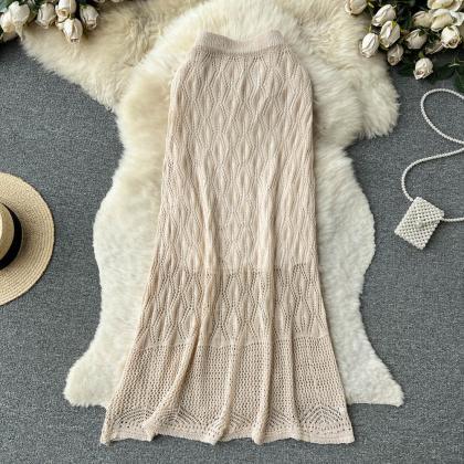Women Skirts Solid Hollow Out Knitted Long Skirts..