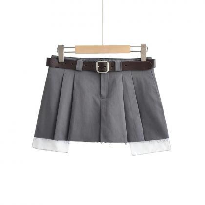 Women Low Waist With Belt Pleated Mini Skirt..