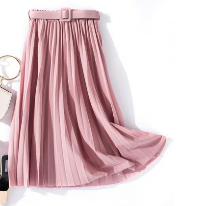 Fashion Solid Color High Waist Pleated A Line..