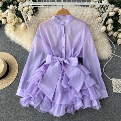 Lavish Lilac Ruffled Skirt And Button-up Blouse..