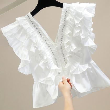 Fashion Sweet V-neck Ruffle Fly Sleeve Top Solid..