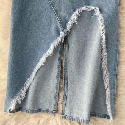 Retro Burrs Design Gradient Irregular Denim Skirt..