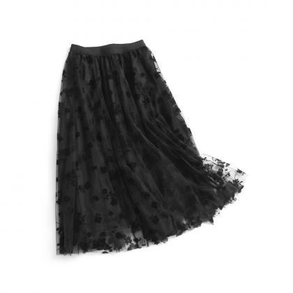Mesh Pleated Skirt Women Elastic Waist Solid..