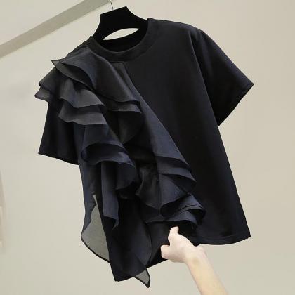 Women Design Ruffles Patchwork Loose Top T-shirt..