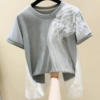 Women Panelled Mesh Pleated Patchwork Top T-shirt..