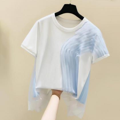Women Panelled Mesh Pleated Patchwork Top T-shirt..
