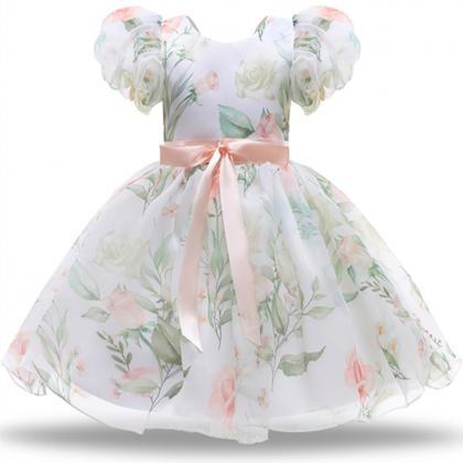 Elegant Girls Flower Puff Sleeve Dresses For..