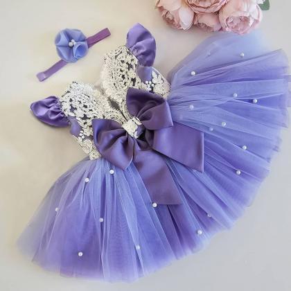 Baby Girl Bowknot Dress Lace Embroidery Tutu..