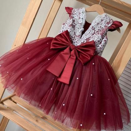 Baby Girl Bowknot Dress Lace Embroidery Tutu..
