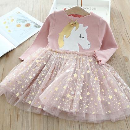 Kids Dresses For Girls Rainbow Horse Princess..