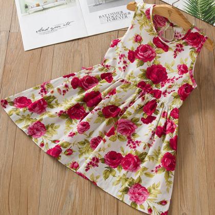 Girls Sleeveless Flower Printed Cotton And Flax..