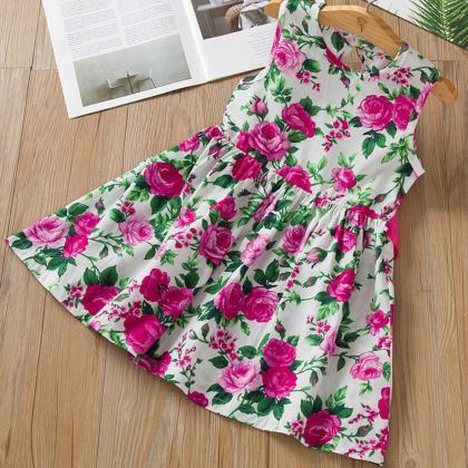 Girls Sleeveless Flower Printed Cotton And Flax..