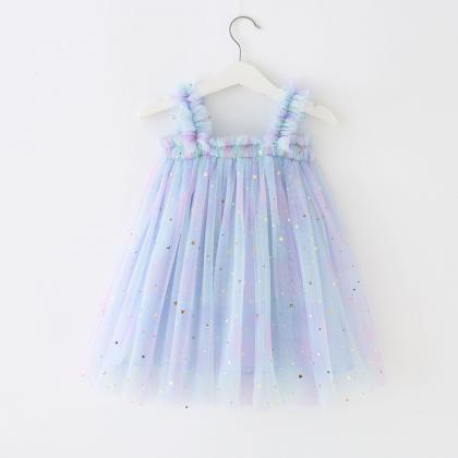 Girls Sequins Star Rainbow Sling Dresses Mesh..