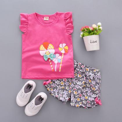 Cute Cartoon 2pcs Kids Baby Girls Floral T-shirt..