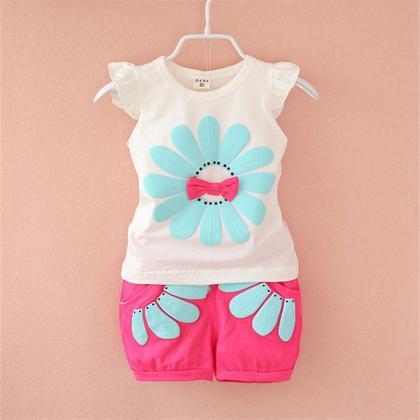 Cute Cartoon 2pcs Kids Baby Girls Floral T-shirt..