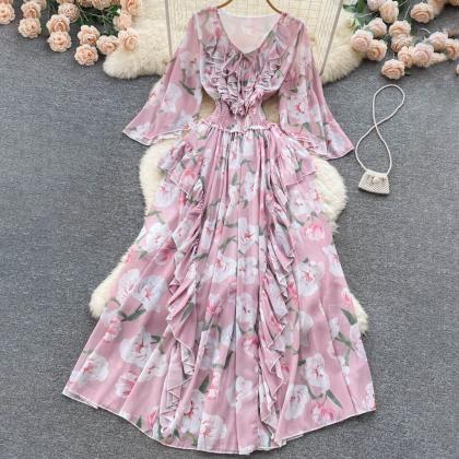 Vintage Women Casual Floral Chiffon Long Dress..