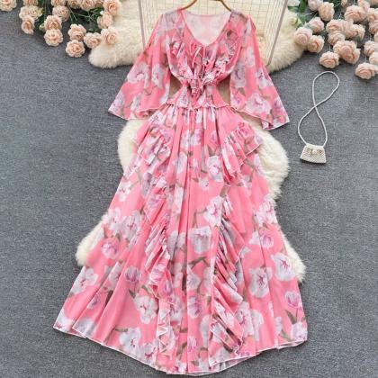 Vintage Women Casual Floral Chiffon Long Dress..