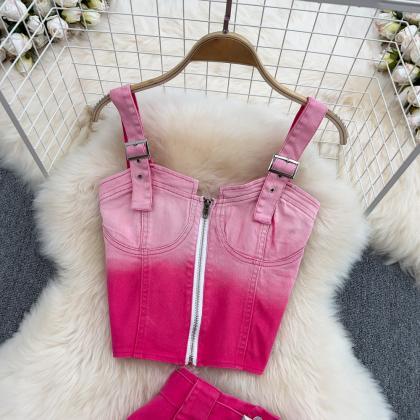 Vintage Women Pink Denim Skirts Suit Spaghetti..