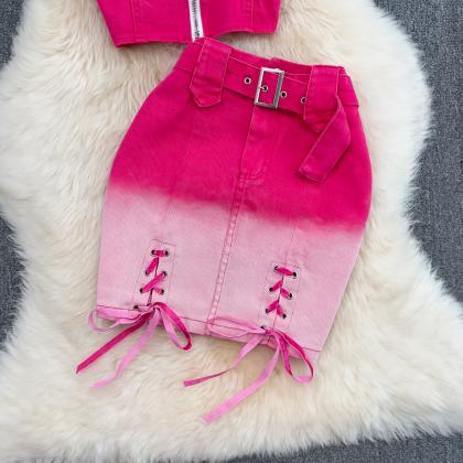 Vintage Women Pink Denim Skirts Suit Spaghetti..