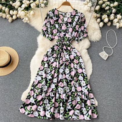 Women Floral Print Midi Dress Vacation Slim Ladies..