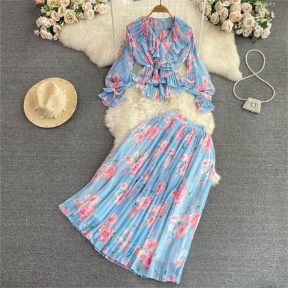 Fashion Women Vintage Floral Skirt Suit Casual..