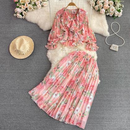 Fashion Women Vintage Floral Skirt Suit Casual..