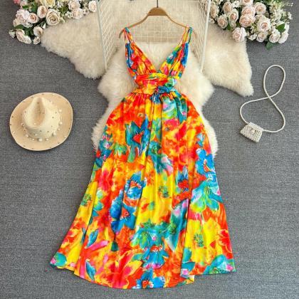 Elegant Floral Midi Dress Women Sleeveless..
