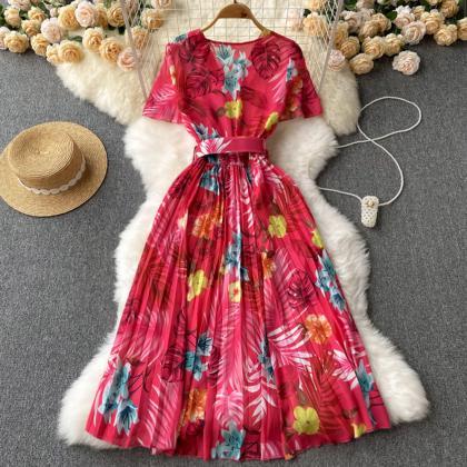 Women Fashion Pleated Floral Print Dress Chiffon..