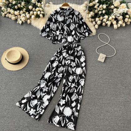 Floral Print Women Pants Sets Single Breasted Top..