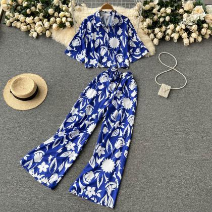 Floral Print Women Pants Sets Single Breasted Top..