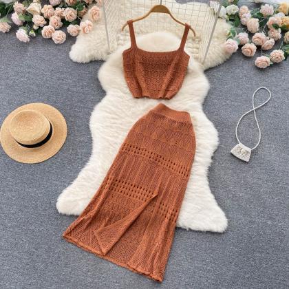 Women Elegant Casual Knitted Skirt Suit Hollow Out..