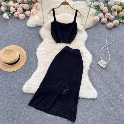 Women Elegant Casual Knitted Skirt Suit Hollow Out..