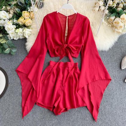 Women Casual Shorts Two Piece Set Lace Up Blouse..