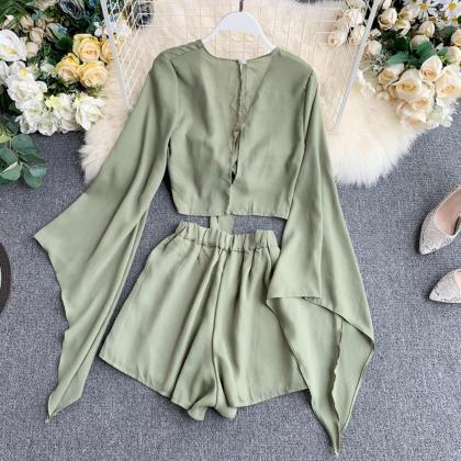 Women Casual Shorts Two Piece Set Lace Up Blouse..