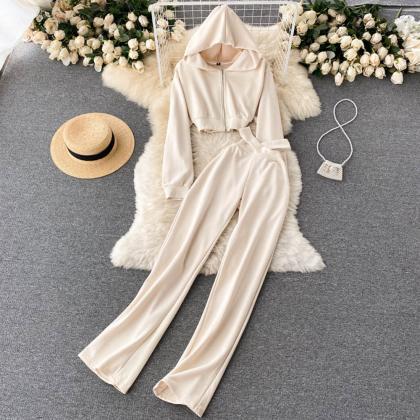 Women Casual Pants Two Piece Set Hooded Jacket..