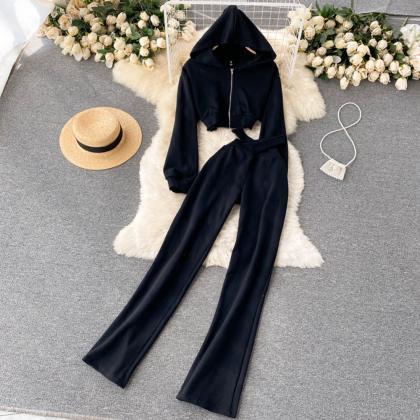 Women Casual Pants Two Piece Set Hooded Jacket..
