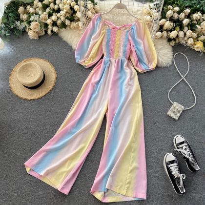 Women Vacation Beach Rompers Female Puff Sleeve..