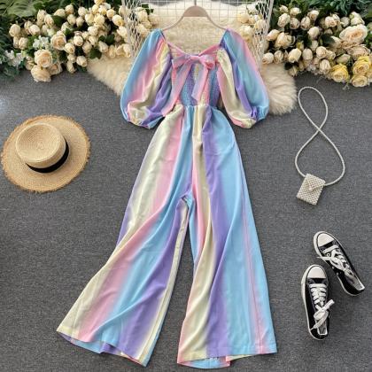 Women Vacation Beach Rompers Female Puff Sleeve..