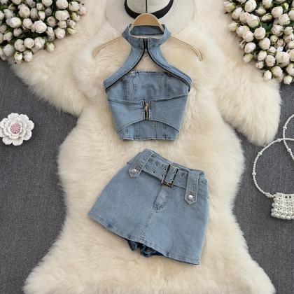 Women Backless Sexy Denim Shorts Skirts Suit..