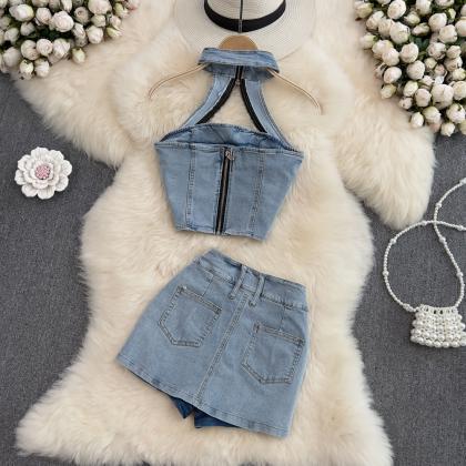 Women Backless Sexy Denim Shorts Skirts Suit..