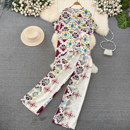 Women Elegant Floral Pantsuit Casual Vintage..
