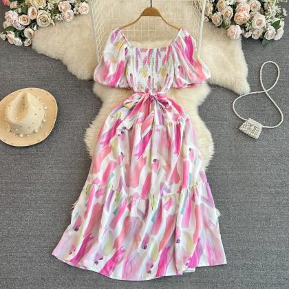 Vintage Sweet Floral Midi Dress Women Elegant..