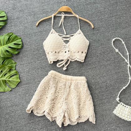 Sexy Women Knitted Hallow Out Shorts Suit Tops..