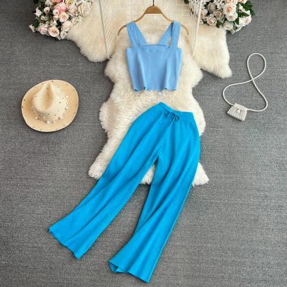 Women Elegant Knitted Pant Suit Strapless Crop..