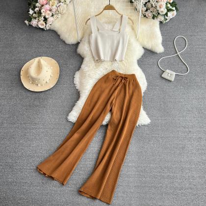 Women Elegant Knitted Pant Suit Strapless Crop..