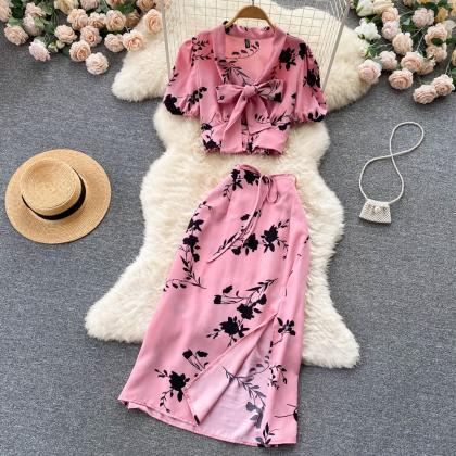 Women Floral Print Beach Two Pieces Suits Bow..